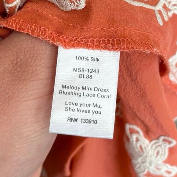 Show Me Your MuMu Blushing Lace Coral Floral 100% Silk Mini Dress Size Medium - Picture 6 of 7